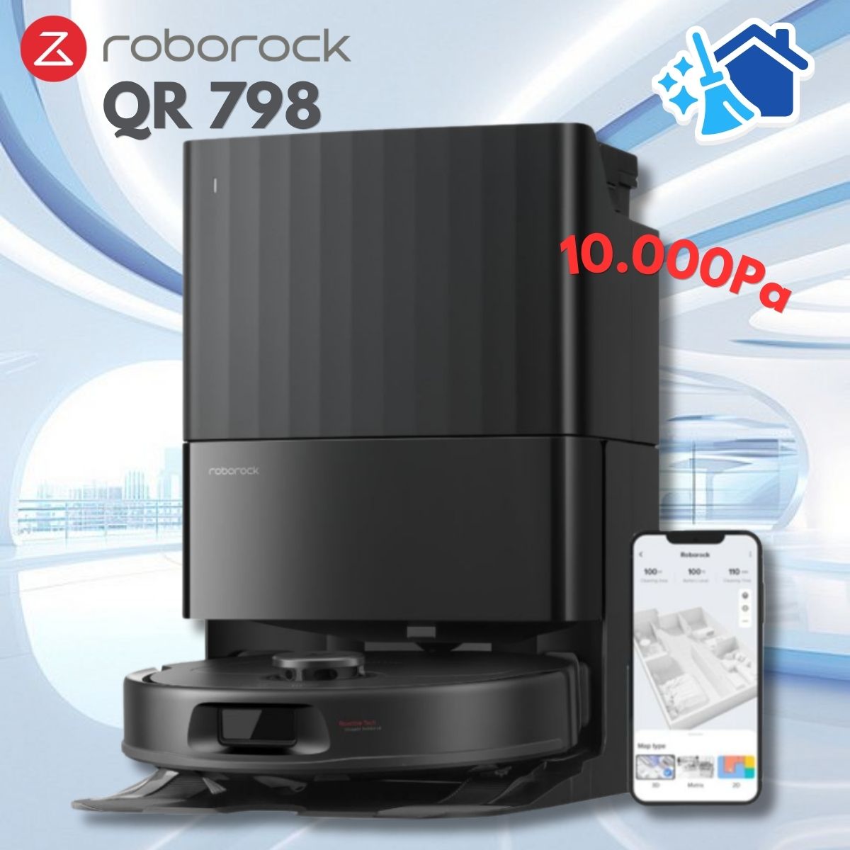 Robot hút bụi lau nhà Roborock QR 798 Lực Hút 10.000Pa, Lau Xoay Kép Thông Minh, Giặt & Sấy Khô Giẻ, Tránh Vật Cản & LiDAR 360°, Lau giẻ