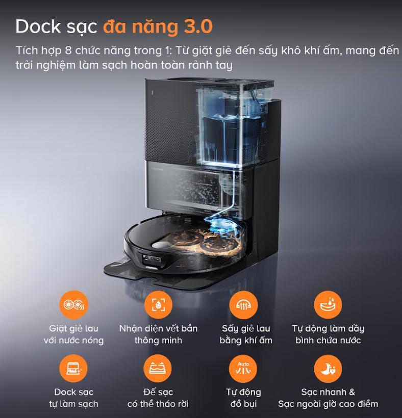 Robot dọn nhà tự động siêu mỏng Roborock Qrevo Slim, Lực hút  11.000 Pa, Giặt sấy giẻ bằng khí nóng, Dock sạc đa năng 3.0