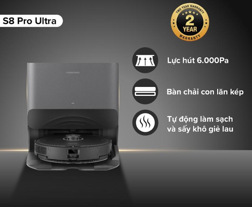 Robot rảnh tay Roborock S8 Pro Ultra, Điều khiển bằng giọng nói, Tự Đổ Rác, Giặt & Sấy Khô Giẻ, Trạm sạc 6 trong 1, Lau giẻ