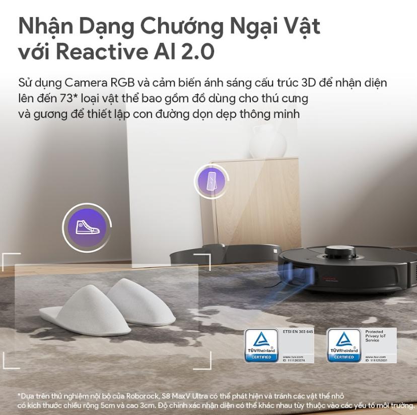 Robot hút bụi lau nhà Roborock S8 MaxV Ultra - Lực Hút 10.000Pa, Camera AI Thông Minh, Trạm Sạc 8 Trong 1, Giặt Giẻ Nước Nóng 60°C, rẻ lau rung & giẻ xòe lau làm sạch mép tường