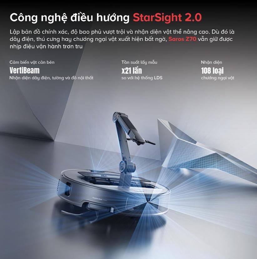 Robot dọn nhà tích hợp cánh tay cơ học Roborock Saros Z70 Lực hút 22.000Pa, Điều Hướng StarSight 2.0 & Dock Sạc Đa Năng 4.0, Nhận diện AI thông minh