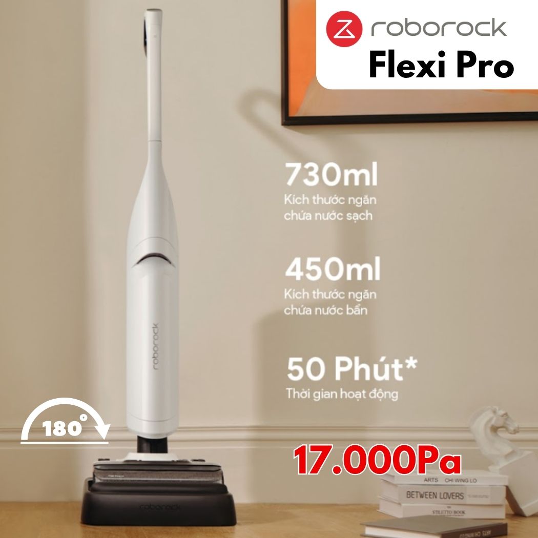 Máy Hút Bụi Lau Nhà Roborock Flexi Pro Lực Hút 17.000Pa, Bánh Xe SlideTech™, Nằm Phẳng 180° FlatReach, Tích hợp bánh xe, Con lăn tràn viền