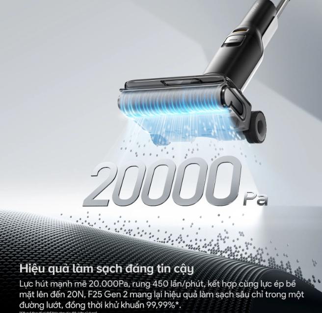 Máy hút bụi lau nhà khử khuẩn Roborock F25 Gen 2, Lực Hút 20.000Pa, Chống Rối Tóc Jawscrapers, Sấy Khô 5 Phút Ở 90°C, Con Lăn Lau Sát Mép Tường