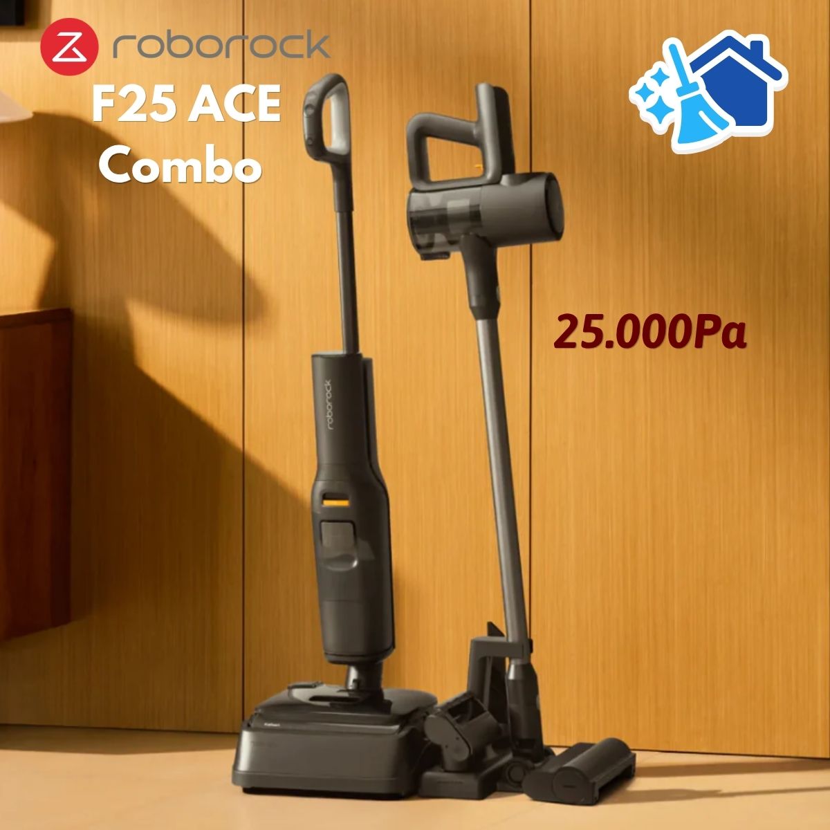 Máy hút bụi đa năng 5 trong 1 Roborock F25 ACE Combo Lực hút 25.000Pa, Tự động giặt & sấy khô con lăn, Hệ thông lọc 9 Lốc xoáy, Chống rối JawScraper