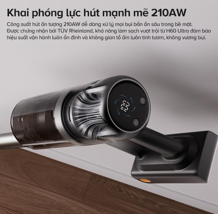 Máy hút bụi thân gập 90° Roborock H60 Ultra Lực hút 210AW, Soi bụi ánh sáng xanh, Công nghệ tách bụi 9-cyclone, Pin tháo rời 
