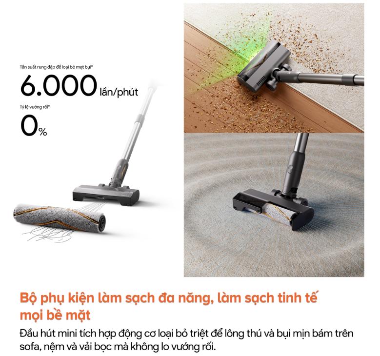 Máy hút bụi lau sàn Roborock H60 Hub Ultra Lực hút 210AW, Đèn LED soi bụi, Ống nối linh hoạt & Màn hình LED, Lọc HEPA 5 tầng