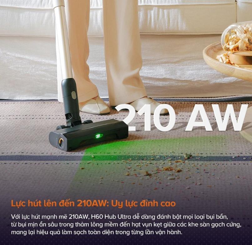 Máy hút bụi lau sàn Roborock H60 Hub Ultra Lực hút 210AW, Đèn LED soi bụi, Ống nối linh hoạt & Màn hình LED, Lọc HEPA 5 tầng