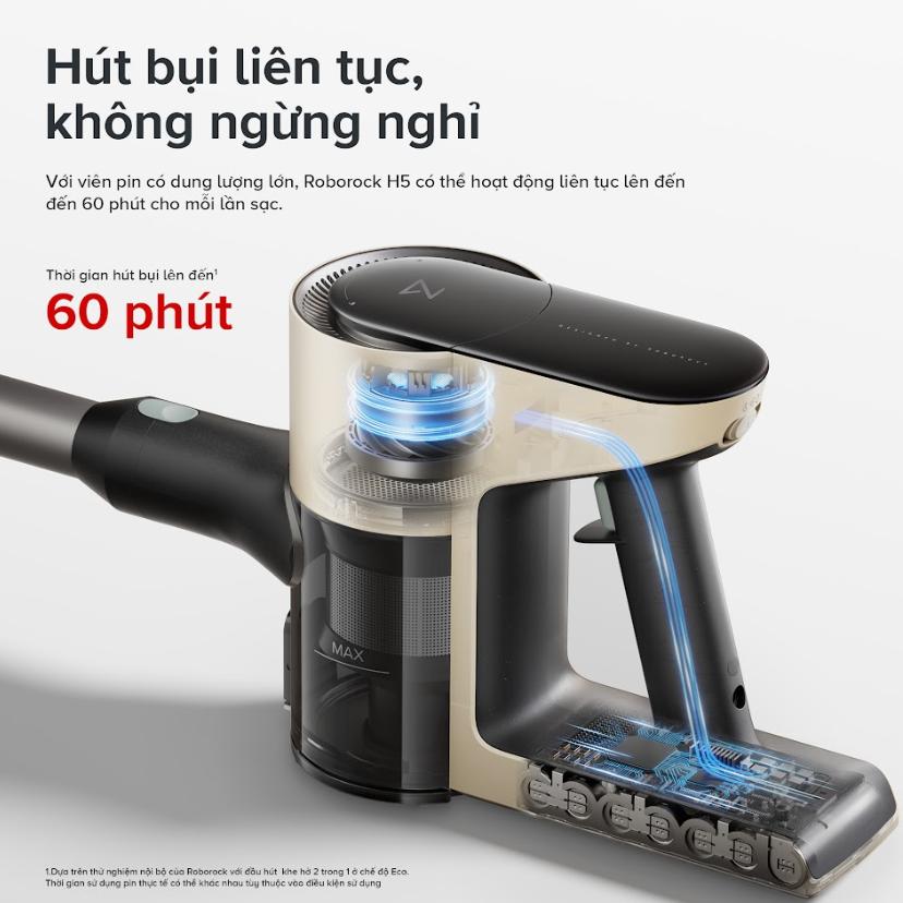 Máy hút bụi cầm tay không dây Roborock H5 Lực hút 158AW, Lọc 5 Giai đoạn 99.997%, Pin 60 phút & Tự động tăng cường lực hút, Hệ thống 9-Cyclone