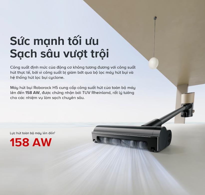 Máy hút bụi cầm tay không dây Roborock H5 Lực hút 158AW, Lọc 5 Giai đoạn 99.997%, Pin 60 phút & Tự động tăng cường lực hút, Hệ thống 9-Cyclone