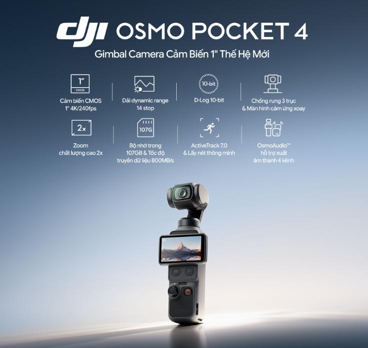 Camera DJI Pocket 4 Osmo 4K/240fps, Zoom 2x Sắc Nét, Chống Rung Mượt, Quay Vlog Review Sản Phẩmn CMOS 1-inch (Standard Combo) 