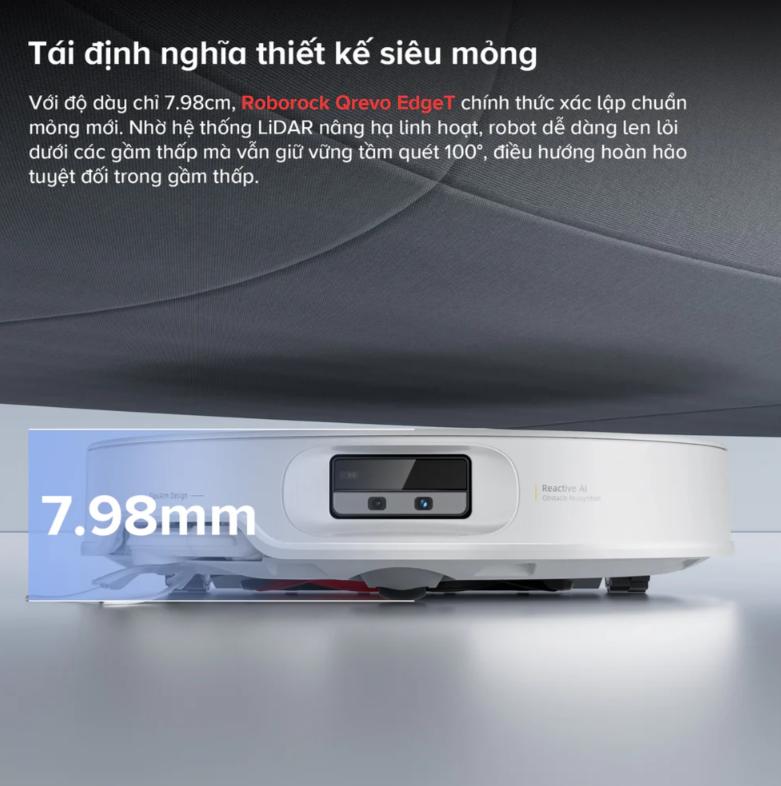 Robot hút bụi đa năng Roborock Qrevo EdgeT Lực hút 18.500 Pa, Thiết kế siêu mỏng 7.98 cm, Nhận diện 108 vật thể, Giẻ lau xoay kép 