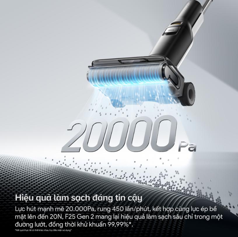Máy hút bụi cầm tay Roborock F25 Gen 2 Lực hút 20.000Pa, Khử khuẩn 99,99%, Chống rối tóc, Tự động làm sạch con lăn, Chống mùi