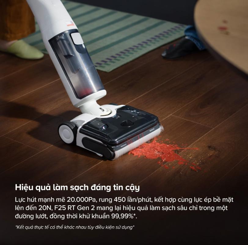 Máy hút bụi không dây Roborock F25 RT Gen 2 Lực hút 20.000 Pa, Lực ép 20N, Chống rối, Bánh xe linh hoạt, Tự động giặt sấy con lăn 90°C,  Con lăn lau sát mép tường