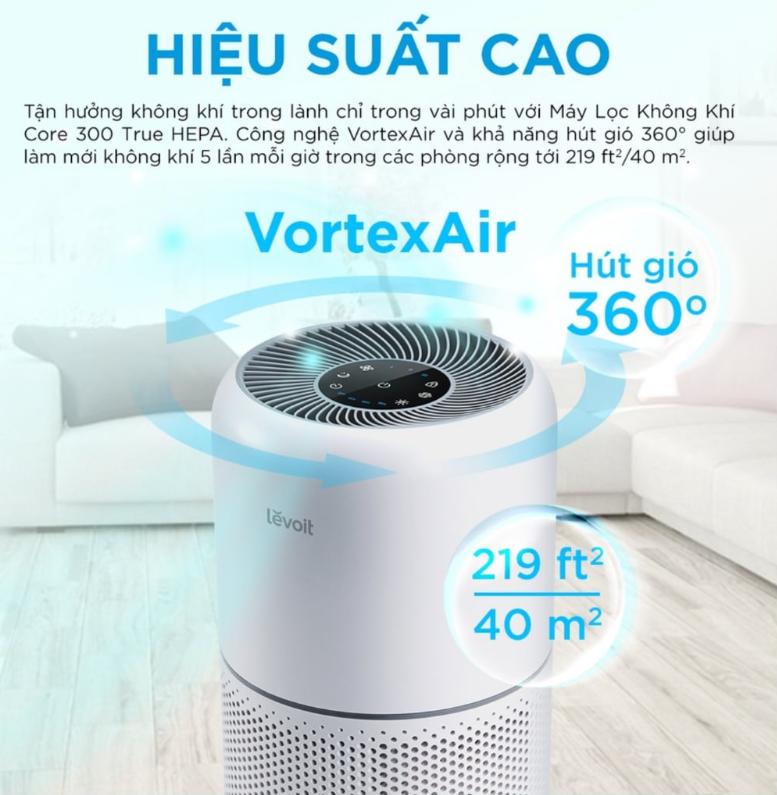 Máy lọc không khí Levoit Core 300 Lọc 3 giai đoạn, Hút gió 360 độ, Công nghệ VortexAir, Điều khiển bằng giọng nói, AC 120V, 60Hz