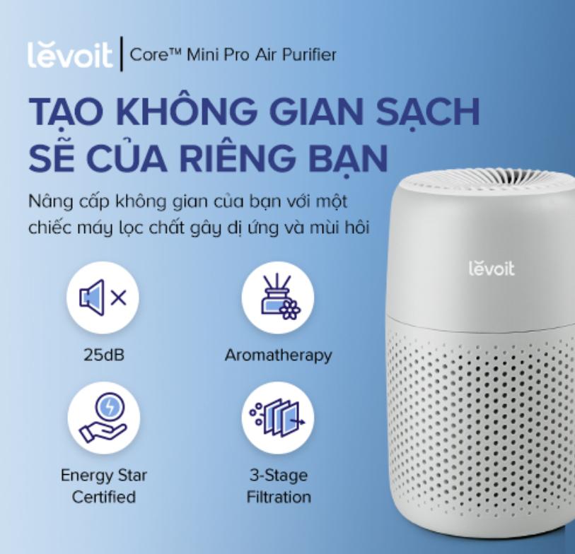 Bộ lọc không khí HEPA 3 Lớp Levoit Core Mini Pro Tích hợp xông tinh dầu, Lọc sạch 99% Bụi mịn cho phòng 20m2, Công nghệ QuietKEAP 27dB