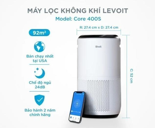 Máy lọc không khí Levoit Core 400S Lọc 3 giai đoạn, Giảm ồn, Điều khiển thông minh bằng giọng nói, Phù hợp không gian 92 m2