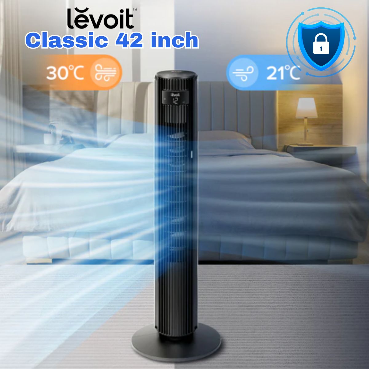 Quạt tháp thông minh Levoit Classic 42 inch Tốc độ 7.62m/s, 4 chế độ, 12 tốc độ quạt, Màn hình LED, Điều khiển từ xa