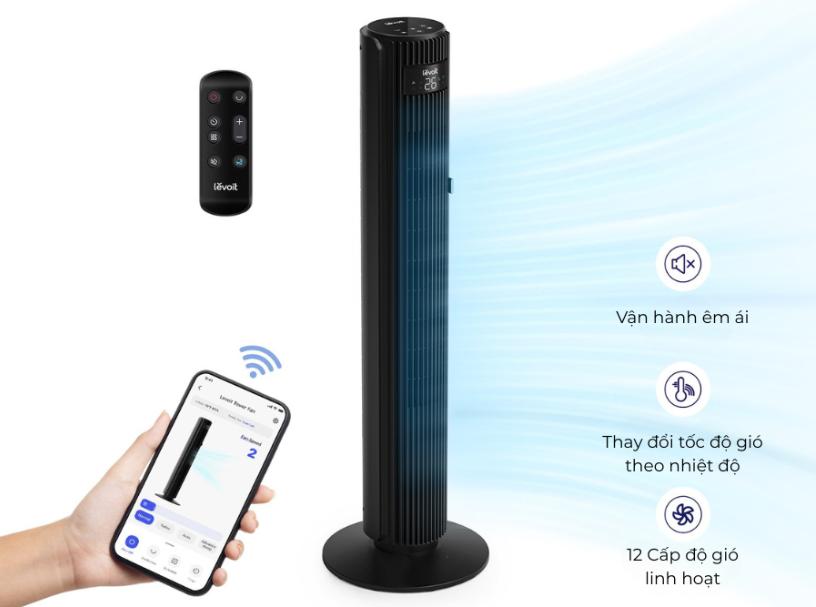 Quạt tháp điều hoà Levoit Smart Wifi 42-Inch, Tốc độ gió 7.9m/s, Góc xoay 90°, 12 cấp độ gió, Chế độ Turbo & Ngủ nâng cao 25dB