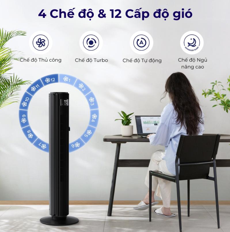 Quạt tháp điều hoà Levoit Smart Wifi 42-Inch, Tốc độ gió 7.9m/s, Góc xoay 90°, 12 cấp độ gió, Chế độ Turbo & Ngủ nâng cao 25dB