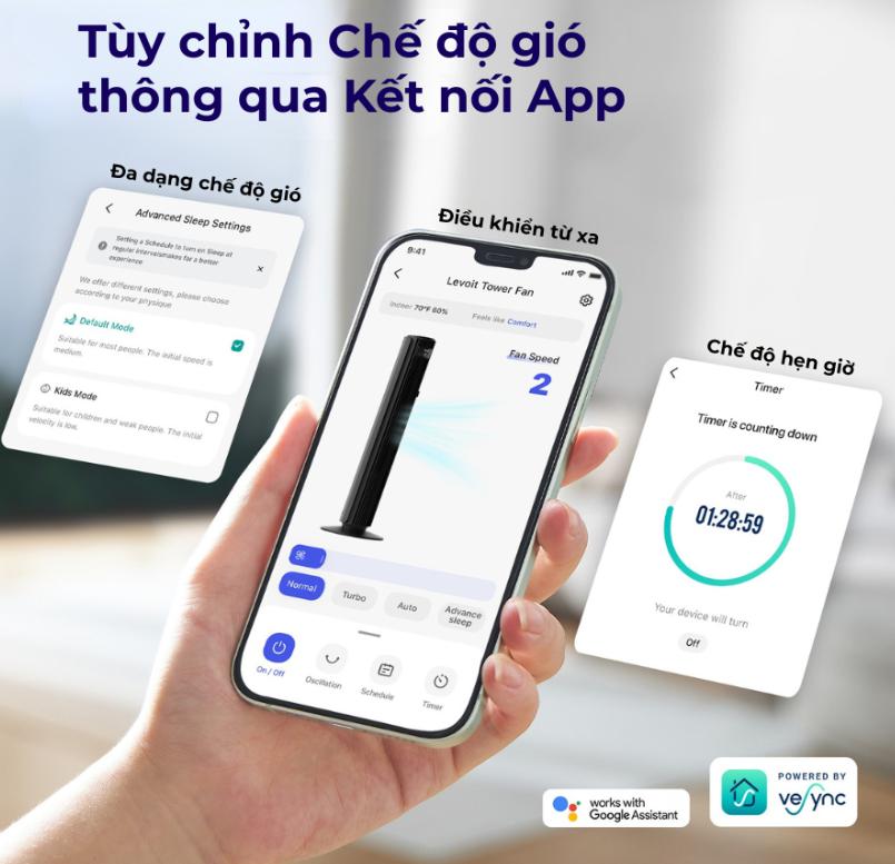 Quạt tháp điều hoà Levoit Smart Wifi 42-Inch, Tốc độ gió 7.9m/s, Góc xoay 90°, 12 cấp độ gió, Chế độ Turbo & Ngủ nâng cao 25dB