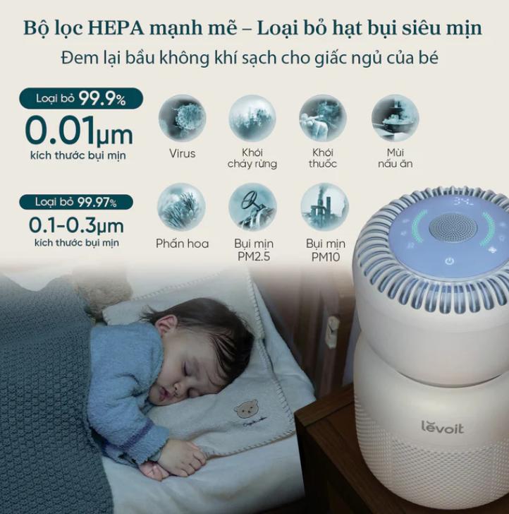 Máy lọc không khí cho trẻ sơ sinh Levoit Sprout - Phòng 30m2, Cảm biến AirSight Pro, Chống ồn, Cảnh báo và theo dõi trên App, 