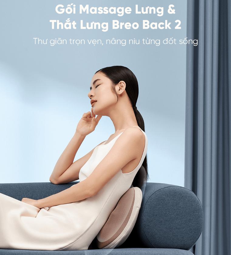Gối Massage Lưng & Thắt Lưng Breo Back 2 Không dây, 2 mức độ nhiệt, Tiếp xúc 6 điểm, Pin 2200mAh