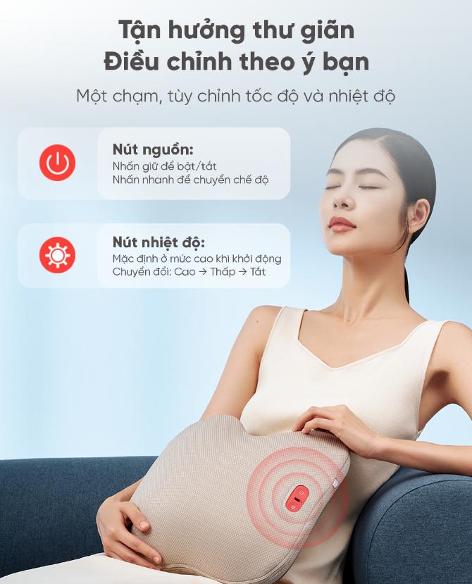 Gối Massage Lưng & Thắt Lưng Breo Back 2 Không dây, 2 mức độ nhiệt, Tiếp xúc 6 điểm, Pin 2200mAh