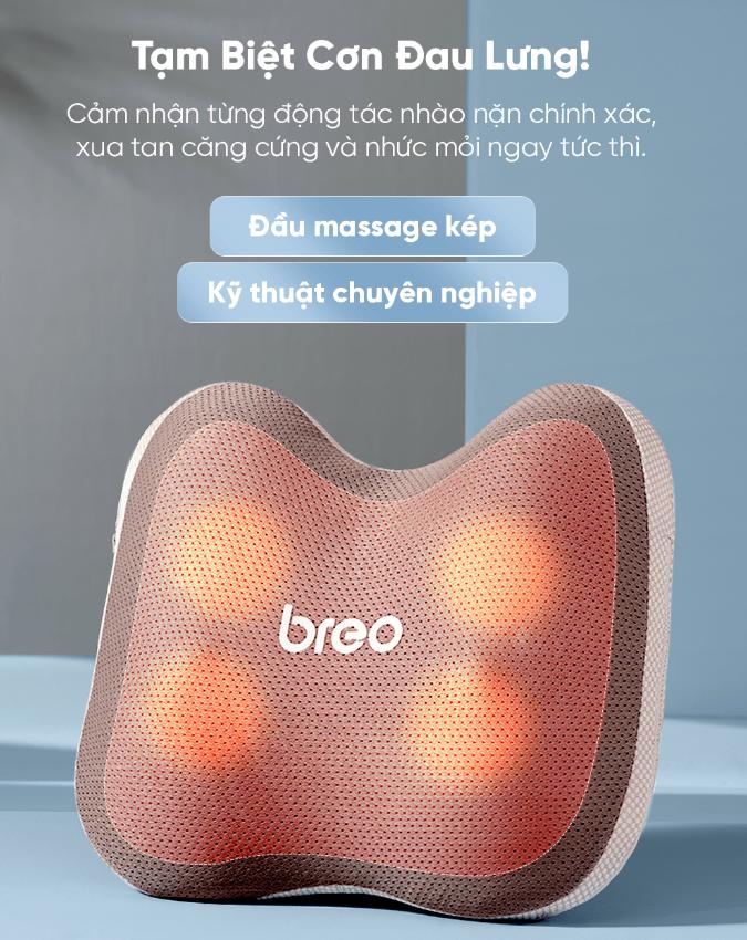Gối Massage Lưng & Thắt Lưng Breo Back 2 Không dây, 2 mức độ nhiệt, Tiếp xúc 6 điểm, Pin 2200mAh
