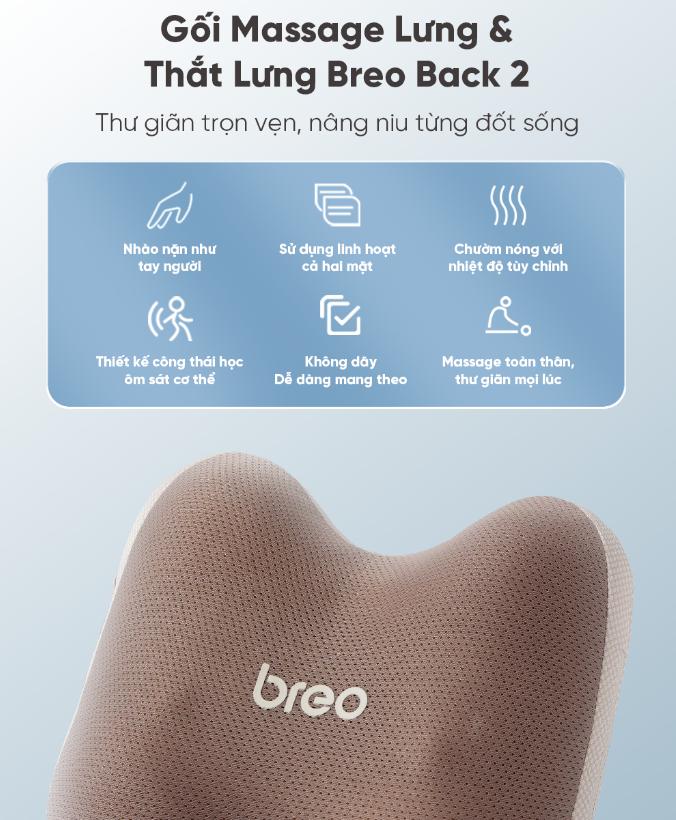 Gối Massage Lưng & Thắt Lưng Breo Back 2 Không dây, 2 mức độ nhiệt, Tiếp xúc 6 điểm, Pin 2200mAh