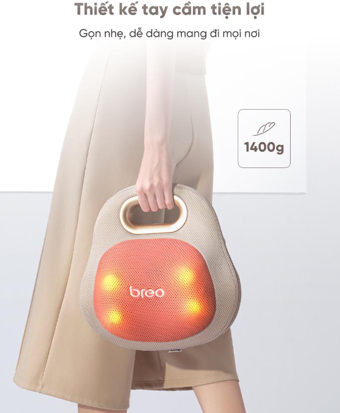 Gối Massage Breo Back Lite Có tay cầm, Tích hợp chườm ấm, Cụm đầu massage 3D nhào nặn chân thực, Pin 2000mAh