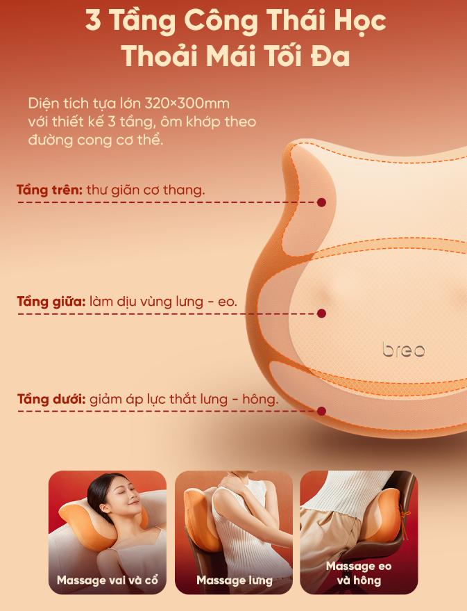 Gối Massage lưng Breo Back 2F Thiết kế phong thủy, Trị liệu ánh sáng đỏ, Công nghệ 3D, Pin 100 phút