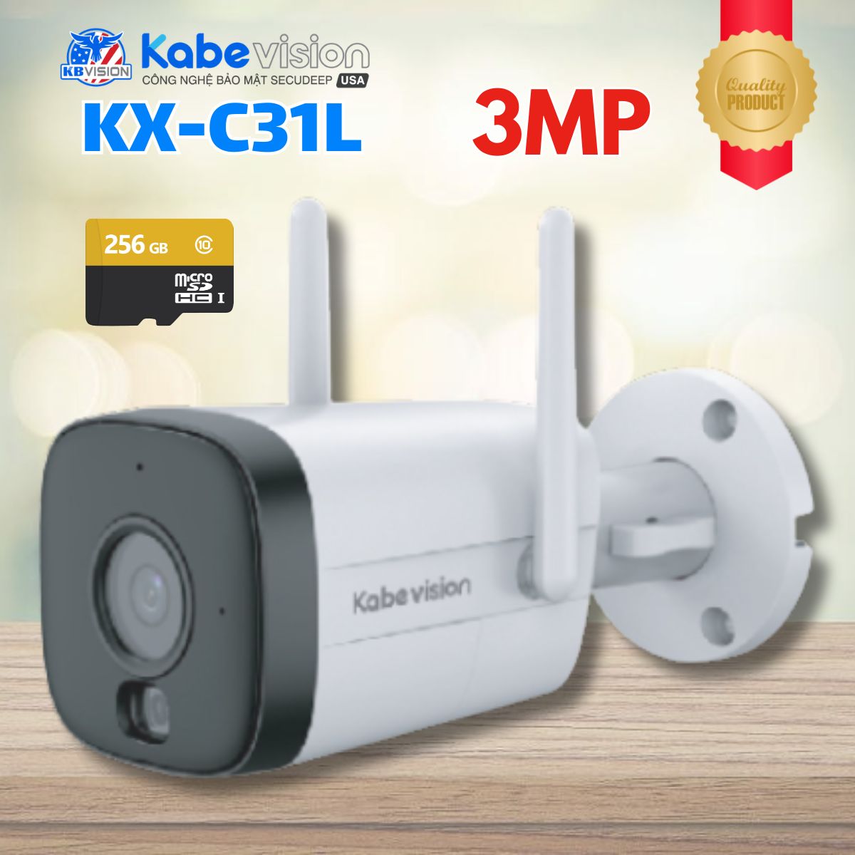 Camera IP WiFi 3MP Kabevision KX-C31L Báo động đèn & còi, LED/IR 30m, Nhận diện người và xe, Đàm thoại 2 chiều, Thẻ nhớ up to 256GB