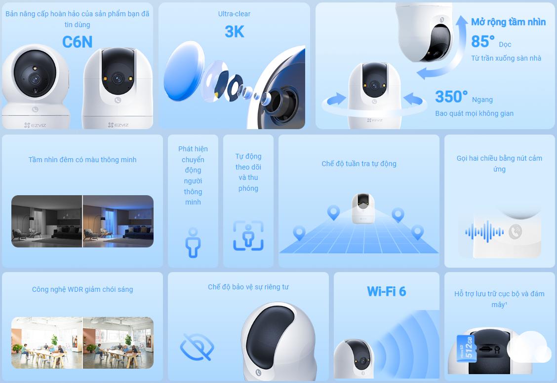 Camera Ezviz C6N G1 5Mp 3K, Wifi, Quan sát toàn cảnh 360°, Tích hợp Mic & Loa, Nhận diện chuyển động AI, Cảnh báo, IR 10m