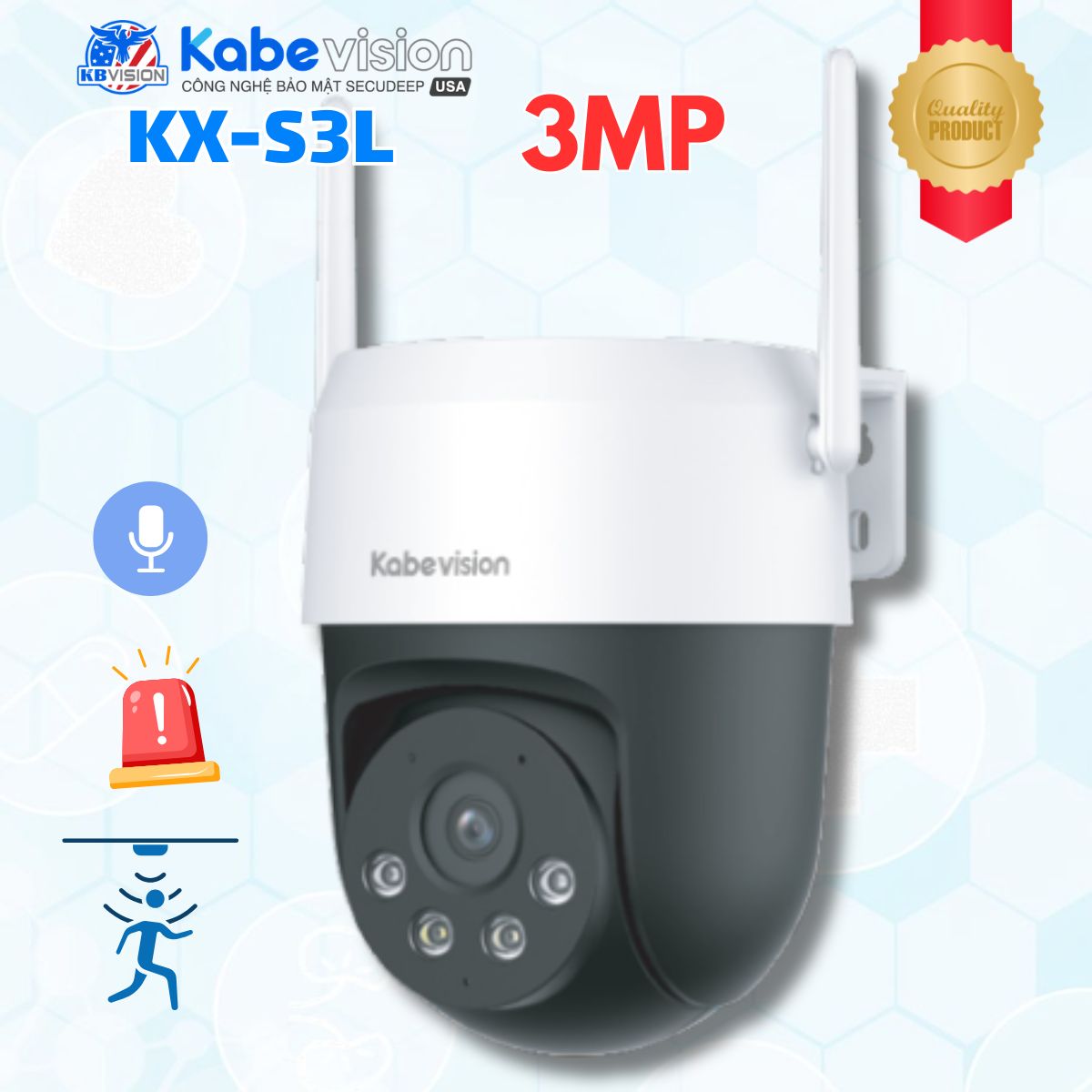 Camera PT WiFi Ghi hình màu ban đêm Kabevision KX-S3L 3MP - Báo động Xanh Đỏ, WiFi 6 băng tần kép, LED/IR 30m, Đàm thoại 2 chiều, Auto Tracking, IP66 