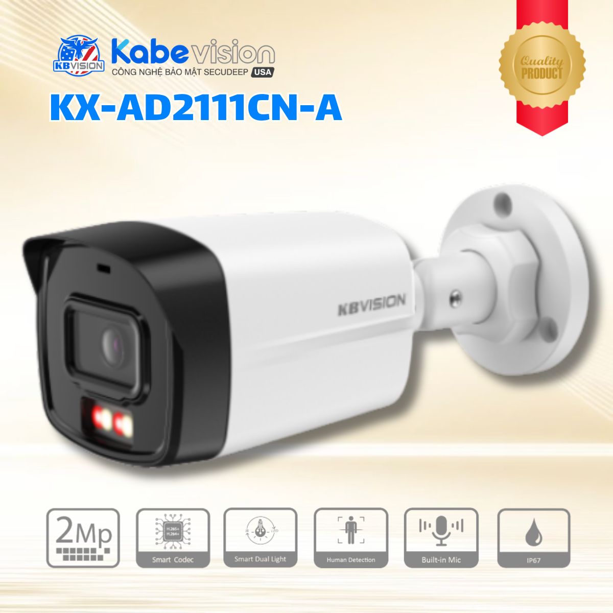 Camera IP thân cố định ngoài trời Kabevision KX-AD2111CN-A 2MP, LED 15m, IR 30m, Phát hiện con người, Tích hợp MIC, Hỗ Trợ PoE, IP67