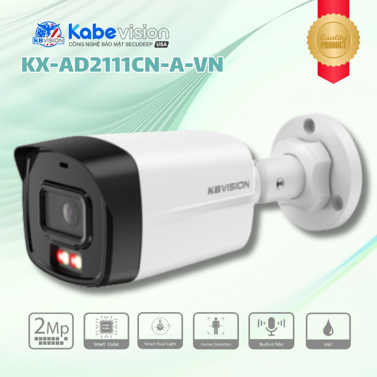 Camera Thân trụ IP Kabevision KX-AD2111CN-A-VN 2MP, Tích hợp MIC, Hồng ngoại 30m / LED màu 15m, Phát hiện người, 12 VDC / PoE
