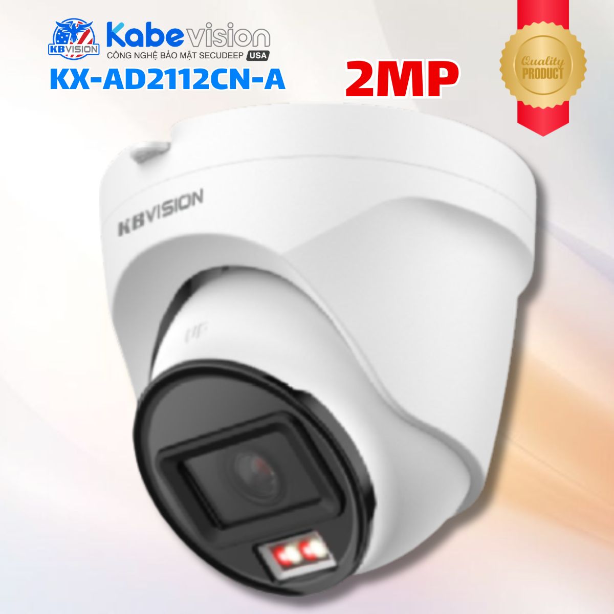 Camera IP Dome Kabevision KX-AD2112CN-A 2MP, Nhận diện người thông minh, Hồng ngoại 30m / LED màu 15m, Hỗ Trợ PoE & Mic, IP67