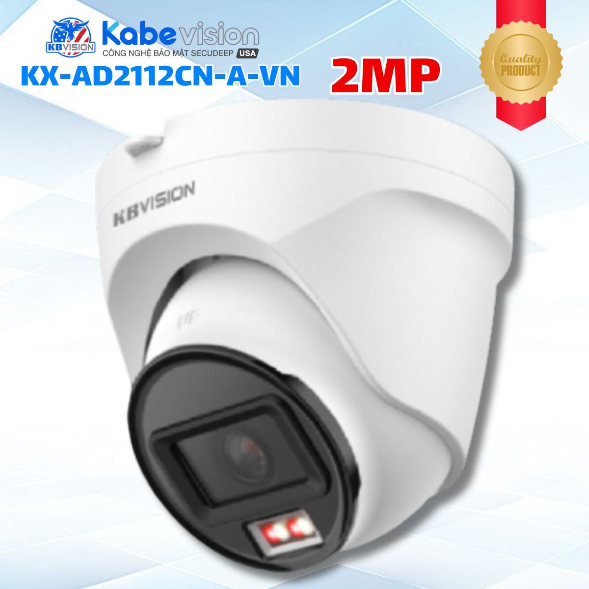 Camera IP Dome Kabevision KX-AD2112CN-A-VN 2MP, Phát hiện con người, Tích hợp Mic, Hỗ Trợ PoE, Hồng ngoại 30m / LED màu 15m, IP67