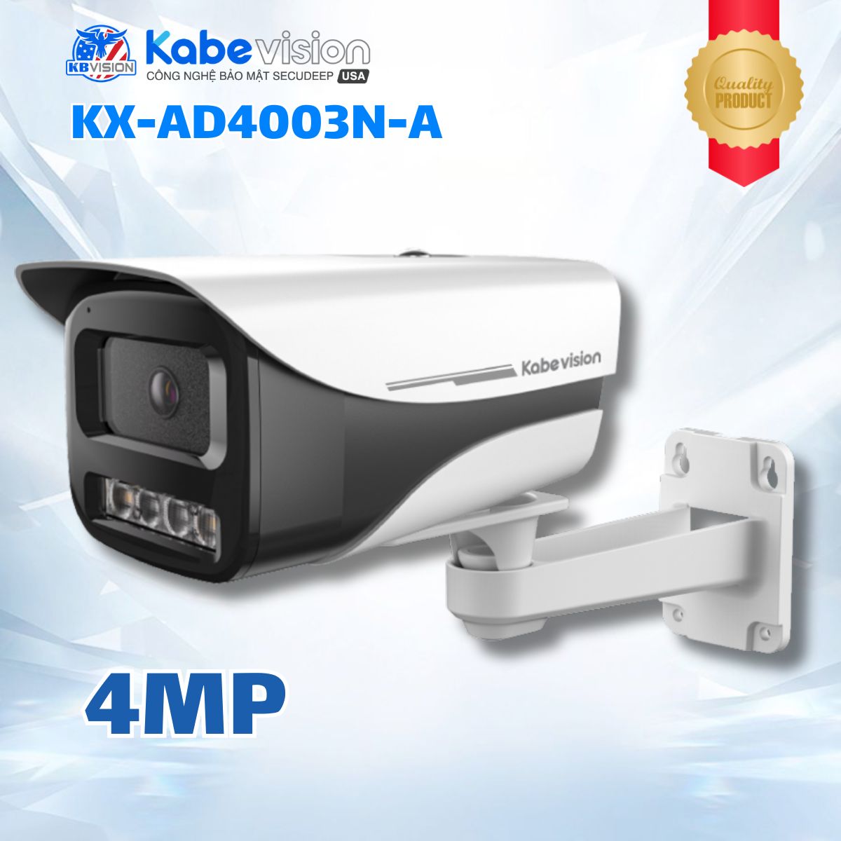 Camera IP Ngoài trời Kabevision KX-AD4003N-A 4MP Nhận diện người AI, Hồng ngoại 60m / LED màu 30m, Hỗ trợ PoE & Mic, 12VDC, IP67
