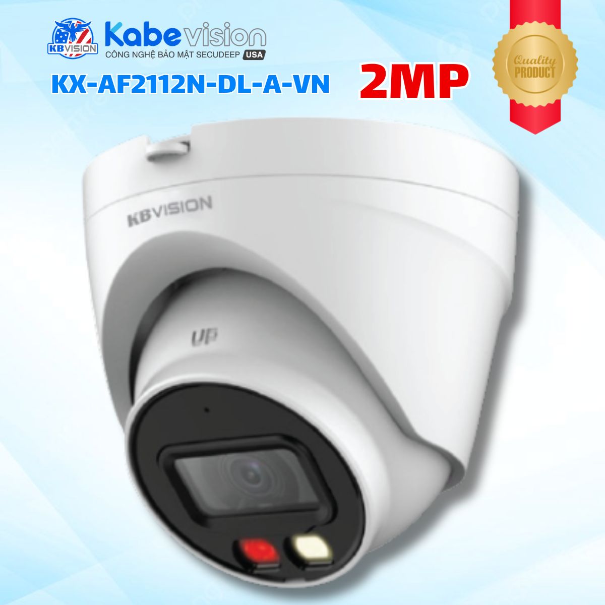 Camera IP Dome Kabevision KX-AF2112N-DL-A-VN 2MP - Góc rộng 104°, Hỗ trợ PoE & Mic, Nhận diện người AI, Hồng ngoại & LED màu 30m, Chống nước IP67