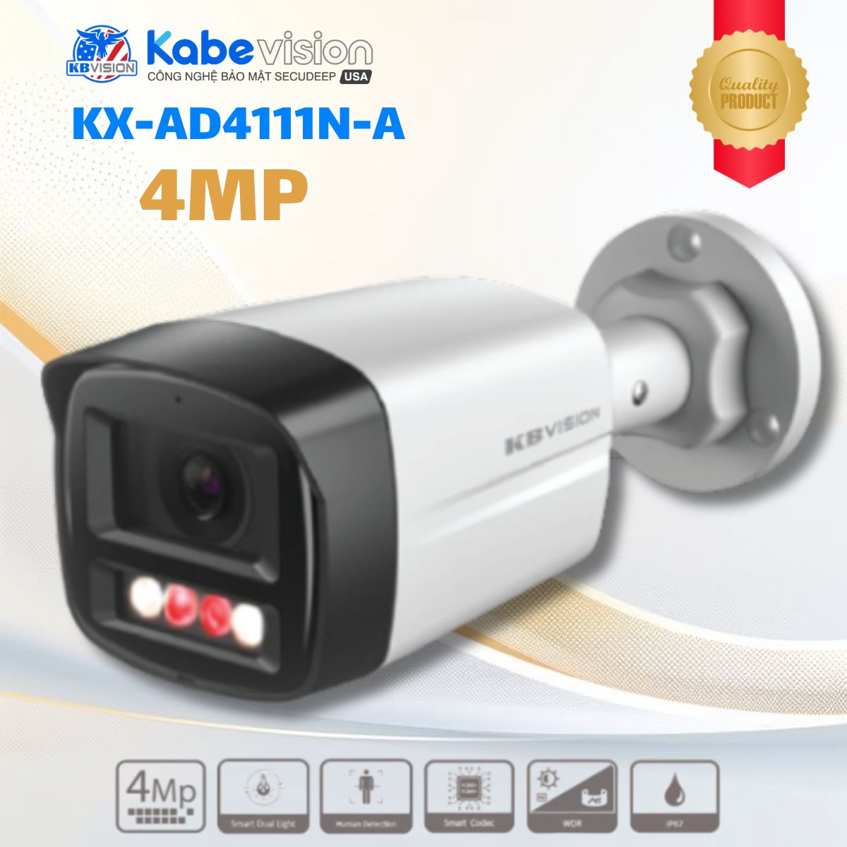 Camera Thân cố định Kabevision KX-AD4111N-A 4MP, Tích hợp Mic, Nhận diện con người, LED/IR 30m, Chống ngược sáng WDR 120dB