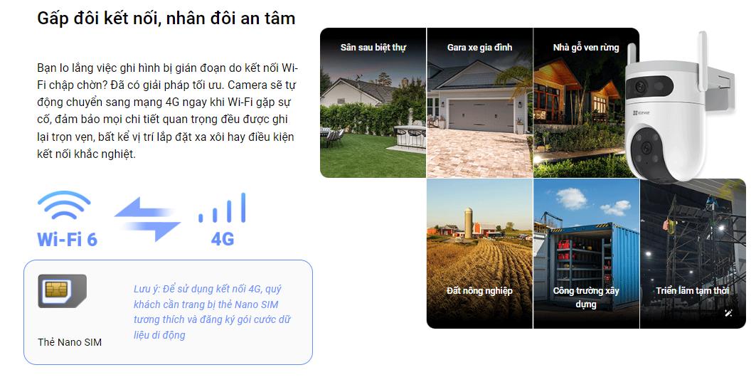 Camera 4G & Wi-Fi ống kính kép Ezviz CS-H9C (5MP+5MP,4G), Quay quét  360°, Phát hiện theo dõi thông minh, Ban đêm có màu, Mic & Loa