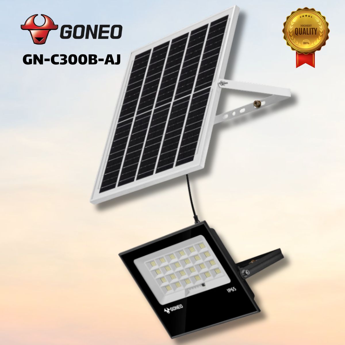 Đèn pha năng Năng Lượng Mặt Trời GONEO GN-C300B-AJ Công suất 12W, Hiệu suất 130 Lm/W, Pin LiFePO4 15Ah, Hoạt động liên tục 24h