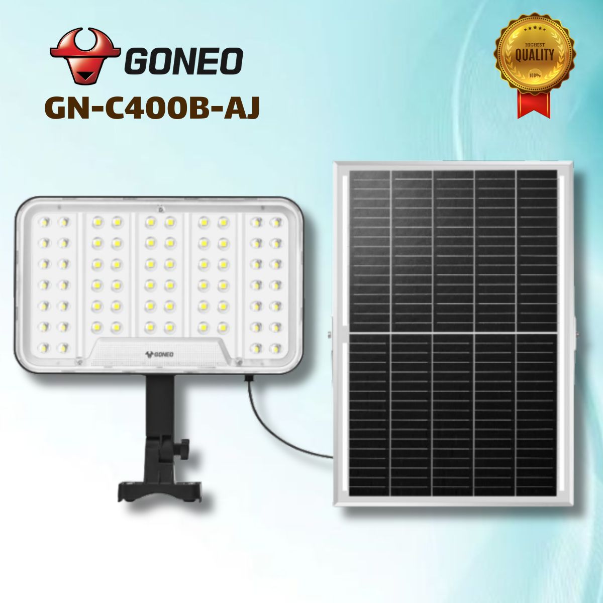 Đèn pha năng Năng Lượng Mặt Trời Goneo GN-C400B-AJ 18W Độ sáng 2500lm, Pin 25Ah, Vỏ kháng UV, CHiếu sáng ≥ 24h, Chống nước IP65