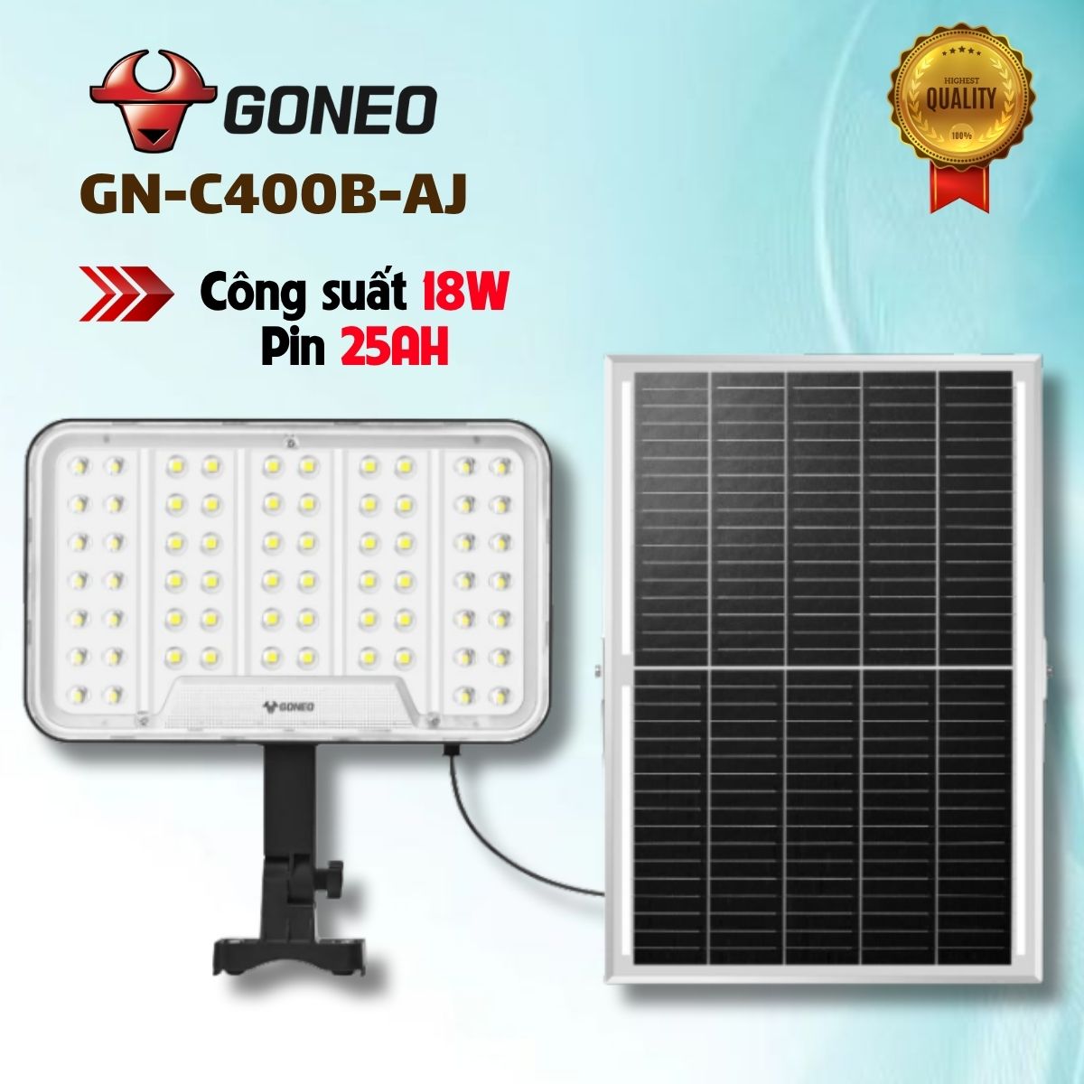 Đèn pha năng Năng Lượng Mặt Trời Goneo GN-C400B-AJ 18W Độ sáng 2500lm, Pin 25Ah, Vỏ kháng UV, CHiếu sáng ≥ 24h, Chống nước IP65