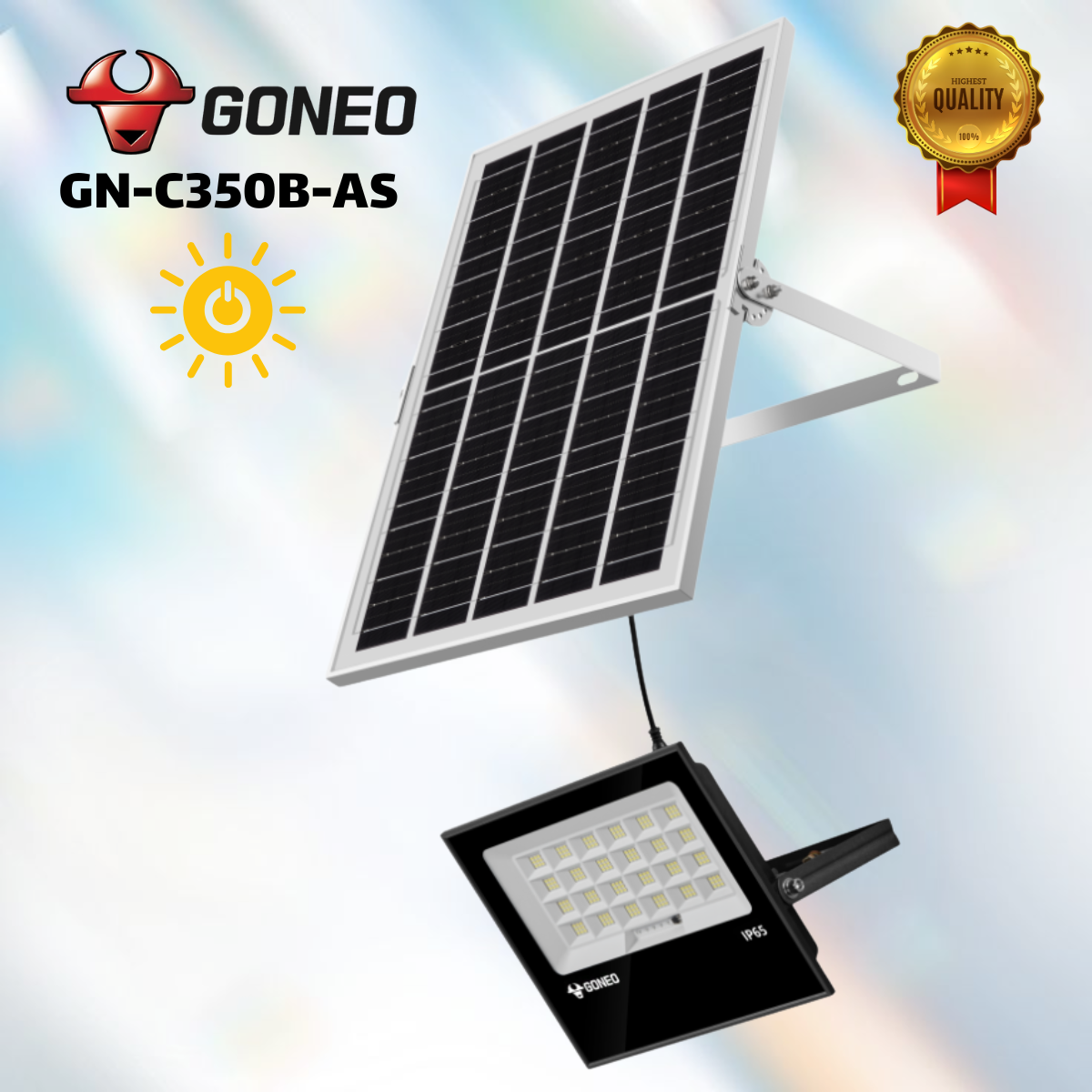 Đèn pha năng Năng Lượng Mặt Trời GONEO GN-C350B-AS 15W, Quang thông 2100lm, Dung lượng pin 25AH, IP66