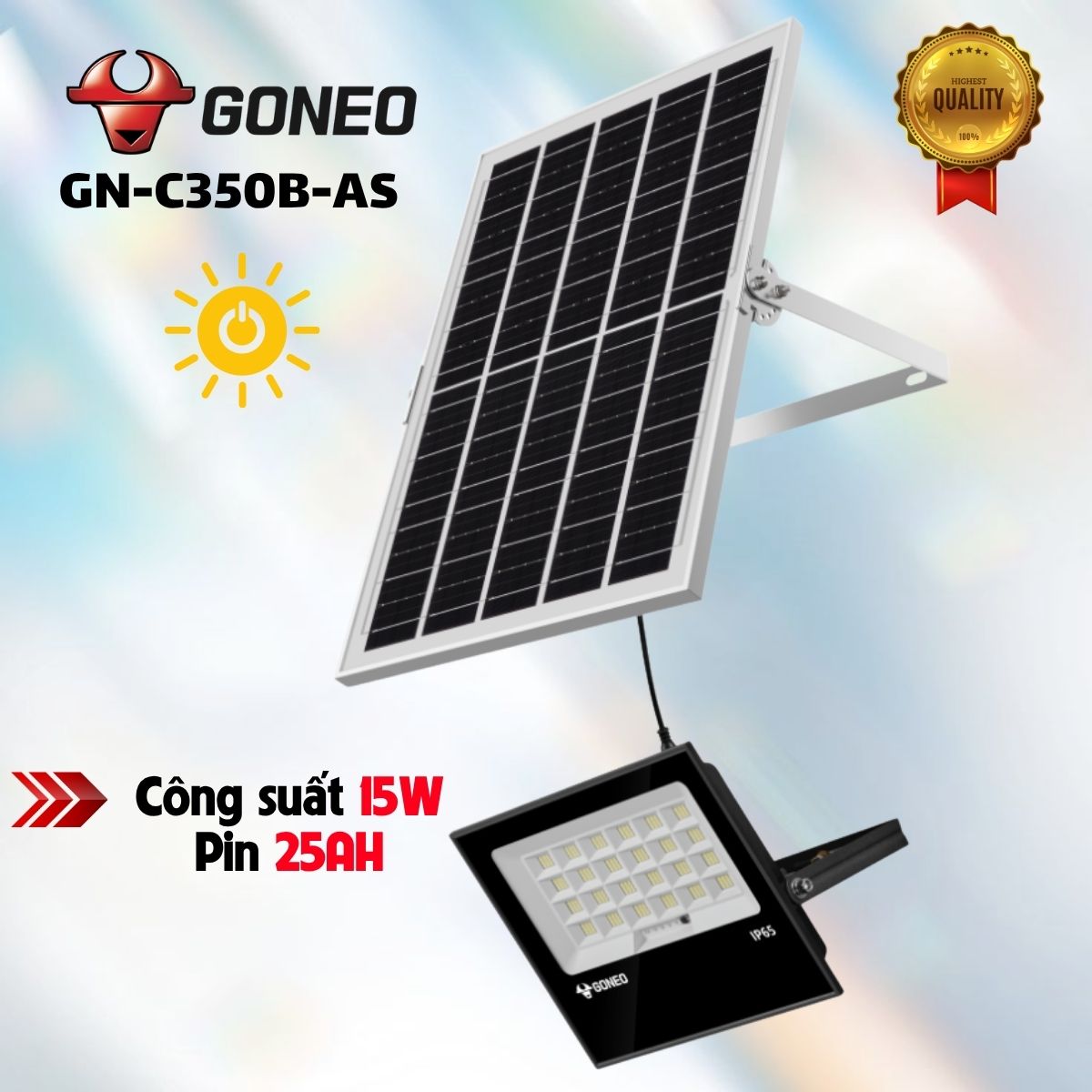 Đèn pha năng Năng Lượng Mặt Trời GONEO GN-C350B-AS 15W, Quang thông 2100lm, Dung lượng pin 25AH, IP66