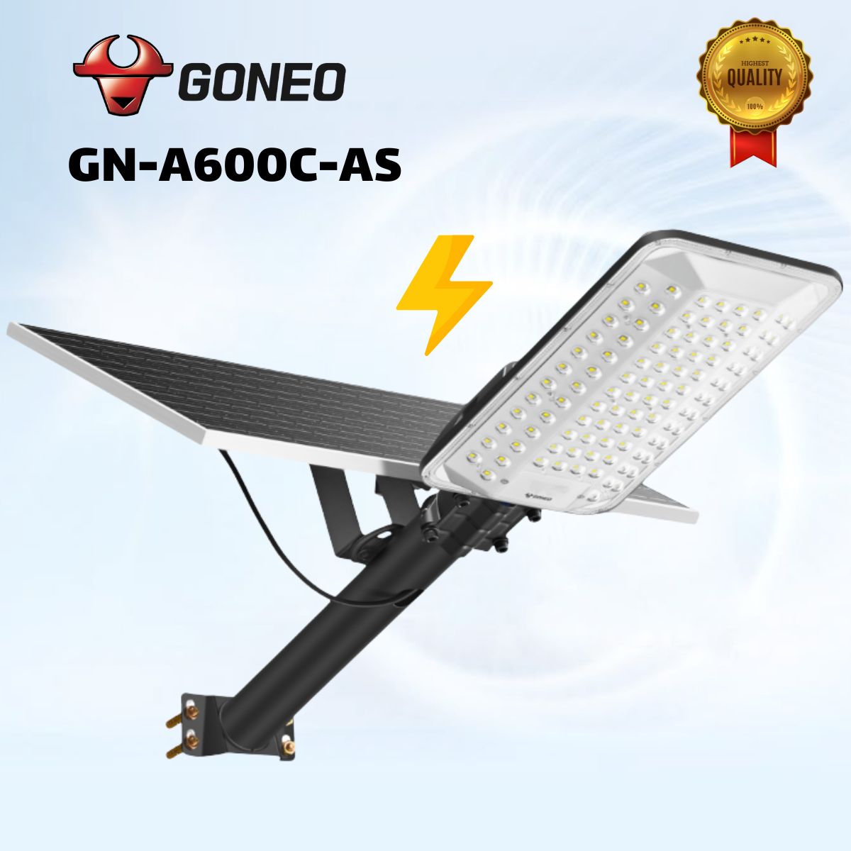 Đèn đường năng Năng Lượng Mặt Trời GONEO GN-A600C-AS 21W, Cảm biến & điều khiển từ xa, Pin lưu trữ 30 Ah, Tấm Pin Silicon đơn tinh thể, IP65