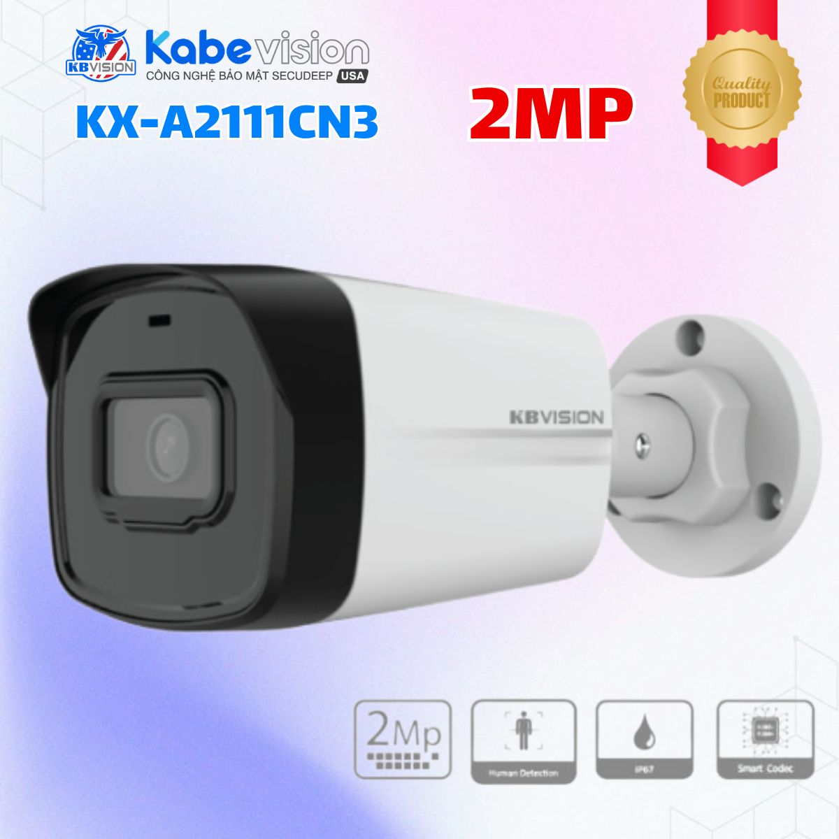 Camera IP cố định thân lớn ngoài trời Kabevision KX-A2111CN3 2MP, Chuẩn nén H.265+, Hồng ngoại 30m, 12VDC / PoE