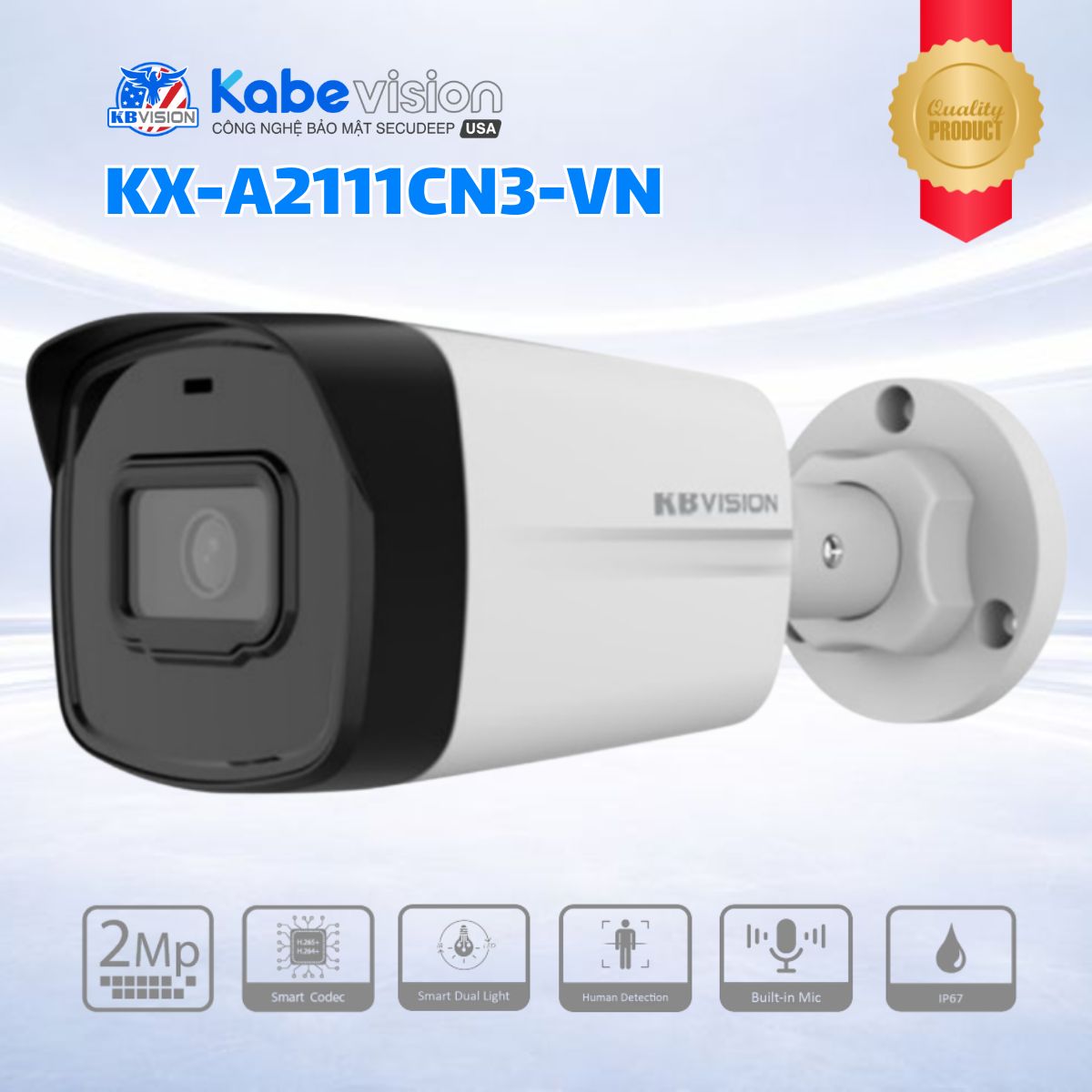 Camera IP Thân Lớn Ngoài Trời Kabevision KX-A2111CN3-VN 2MP,  Chuẩn IP67, Hỗ Trợ PoE, Chuẩn Nén H.265+, Hồng Ngoại 30m